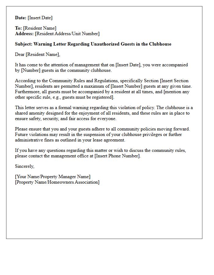 Warning Letter Regarding Unauthorized Guests in the Clubhouse