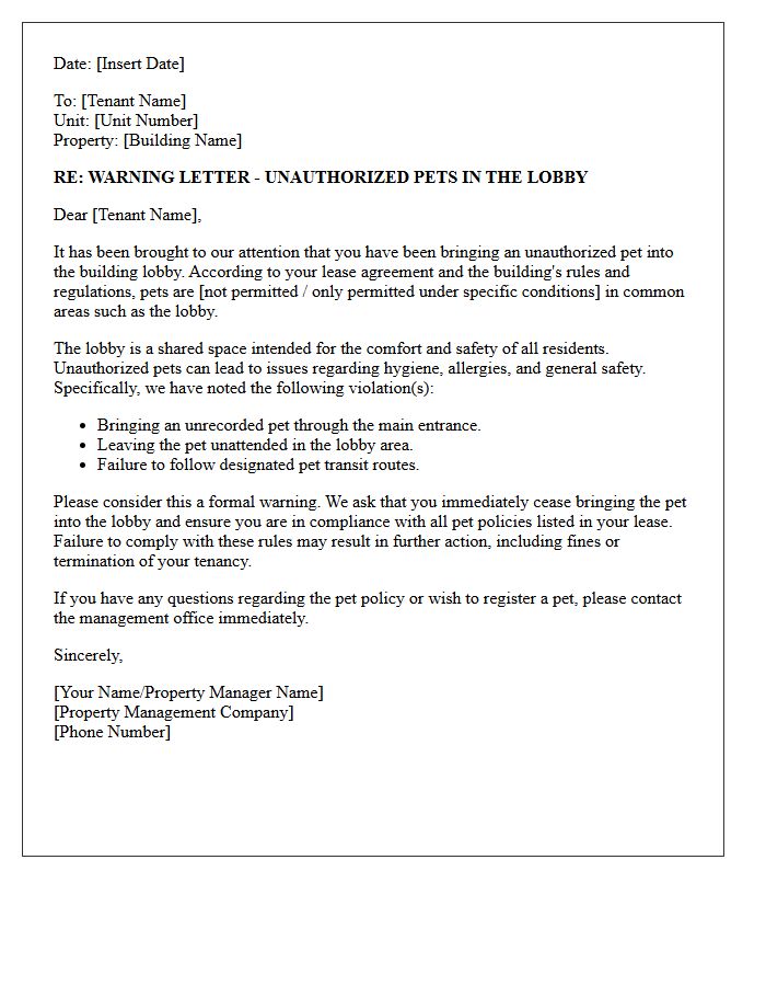 Warning Letter Regarding Unauthorized Pets in the Lobby