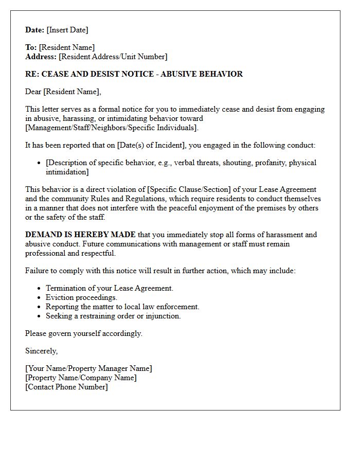 Cease and Desist Letter for Abusive Resident Behavior