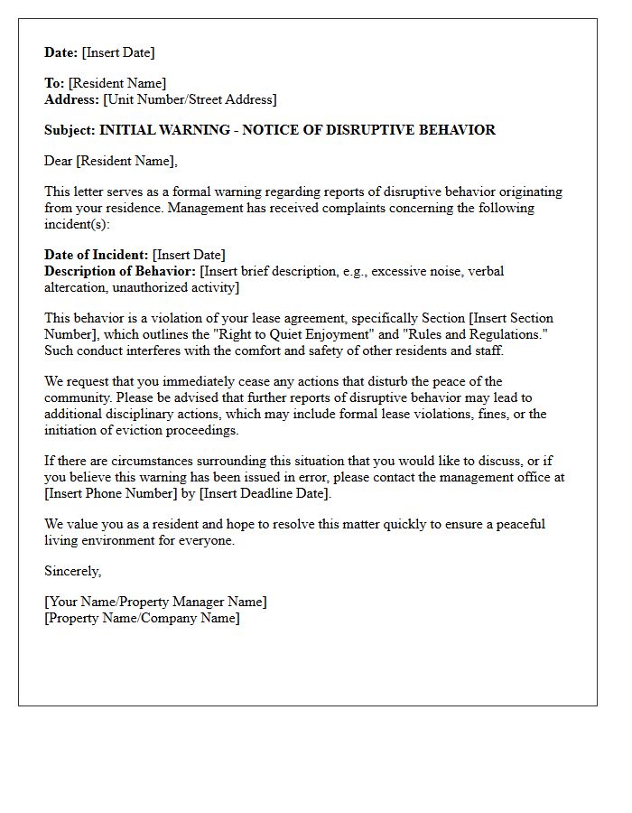 Initial Warning Letter for Disruptive Resident Behavior