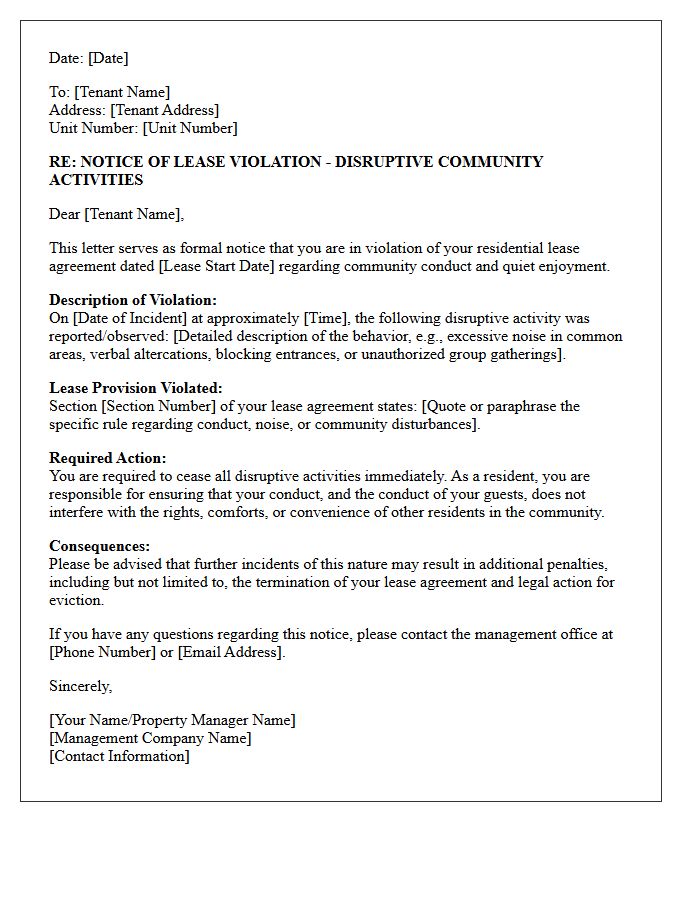 Lease Violation Letter for Disruptive Community Activities