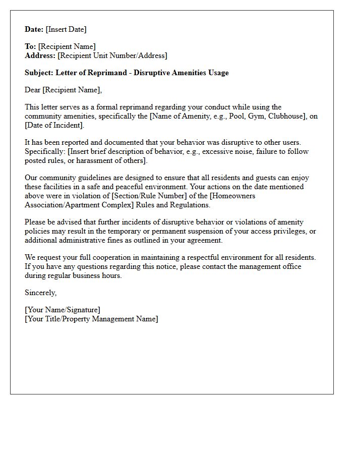 Letter of Reprimand for Disruptive Amenities Usage