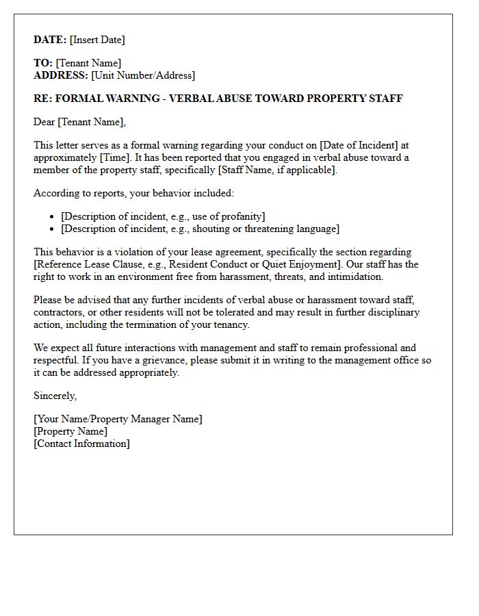 Letter of Warning for Verbal Abuse Toward Property Staff