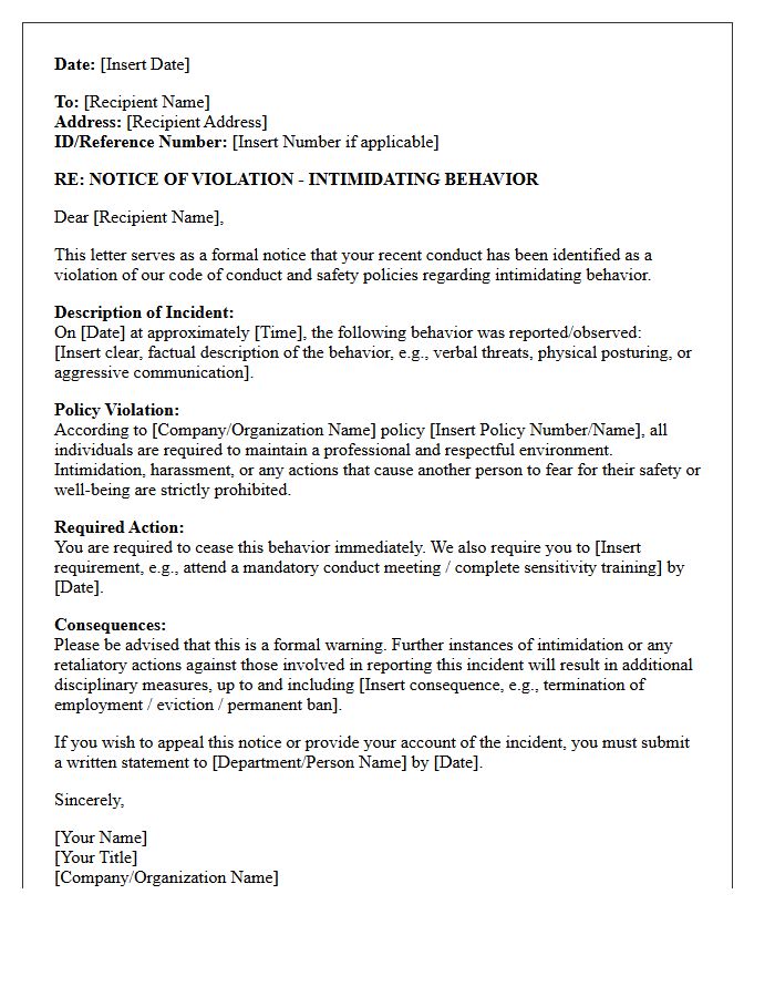 Notice of Violation Letter for Intimidating Behavior