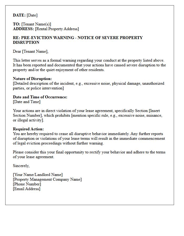 Pre-Eviction Warning Letter for Severe Property Disruption