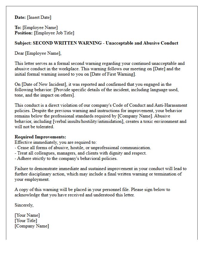 Second Warning Letter for Unacceptable and Abusive Conduct