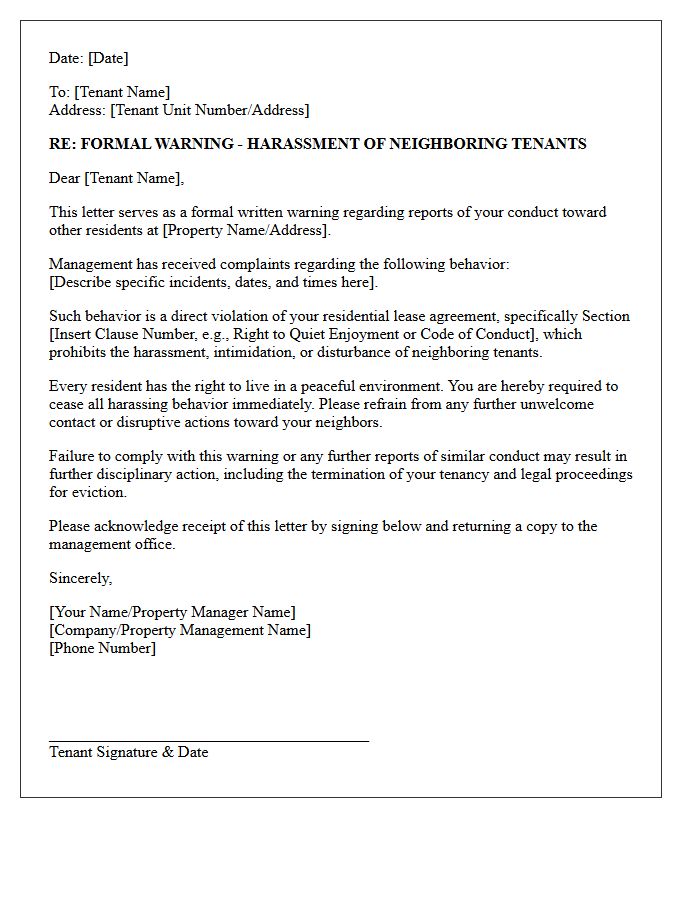 Warning Letter for Harassment of Neighboring Tenants