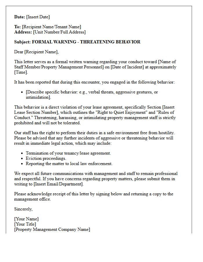 Warning Letter for Threatening Property Management Personnel