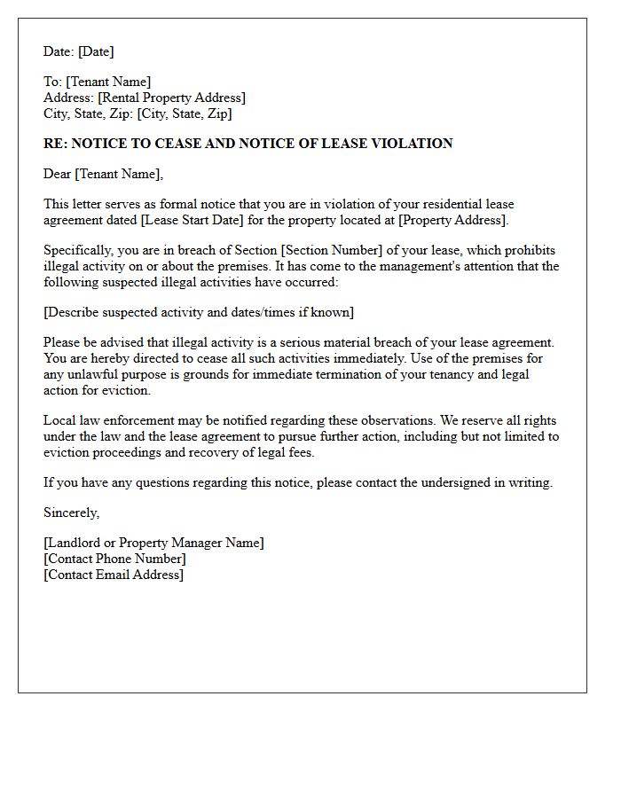 Breach of Lease Letter Due to Suspected Illegal Activity