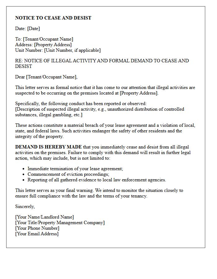 Cease and Desist Letter for Suspected Illegal Premises Activity
