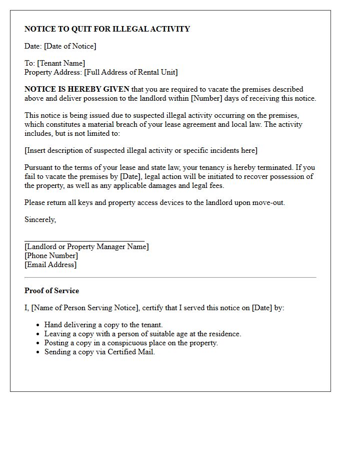 Eviction Notice Letter for Suspected Illegal Premises Activity