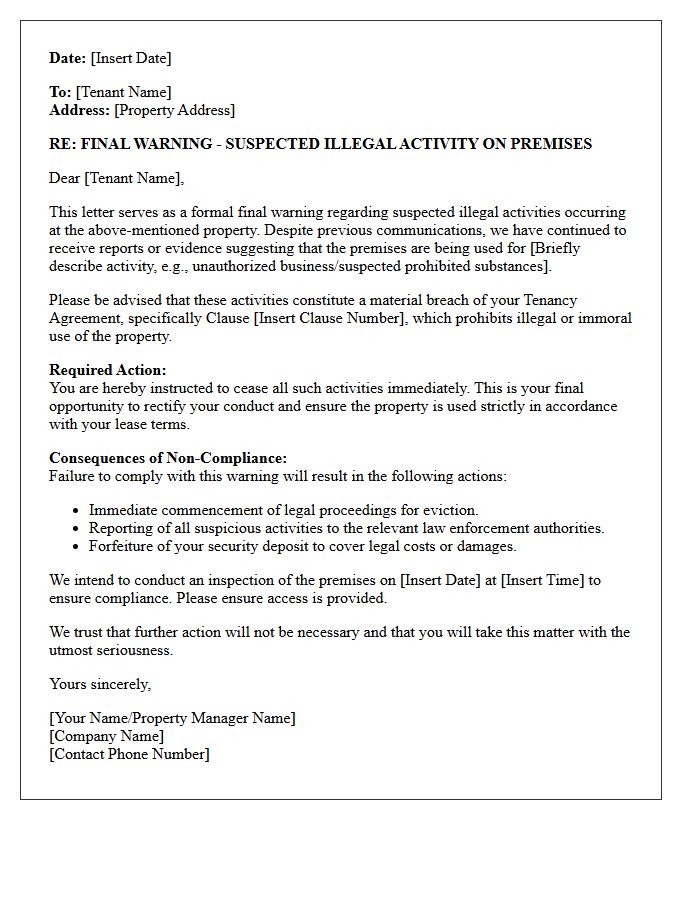 Final Warning Letter for Suspected Illegal Premises Activity