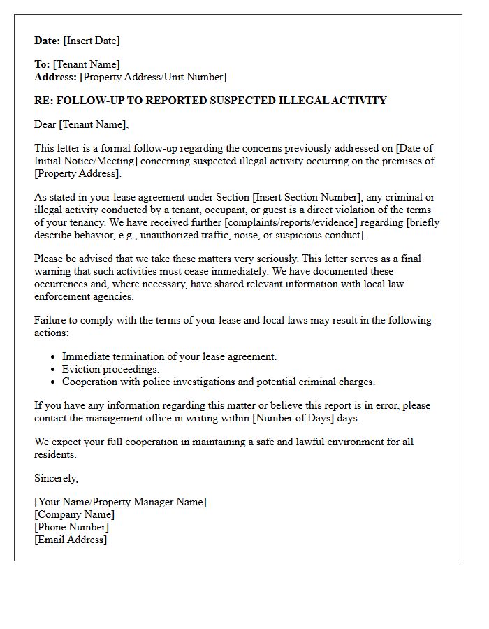 Follow-Up Letter Regarding Suspected Illegal Activity on Premises