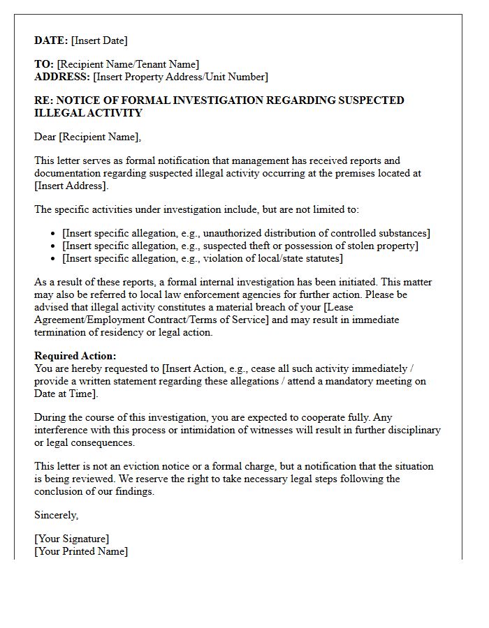 Formal Investigation Letter for Suspected Illegal Activity on Premises