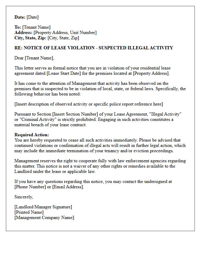 Lease Violation Letter Regarding Suspected Illegal Activity