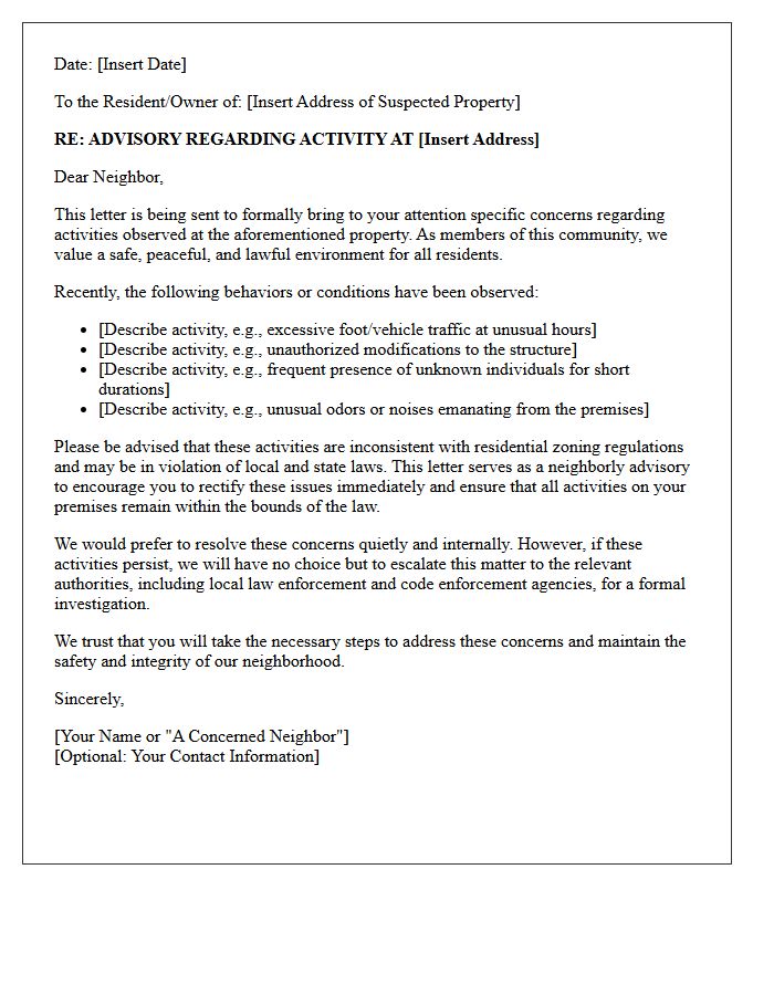 Neighbor Advisory Letter Regarding Suspected Illegal Premises Activity