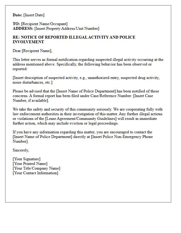 Police Involvement Notification Letter for Suspected Illegal Activity