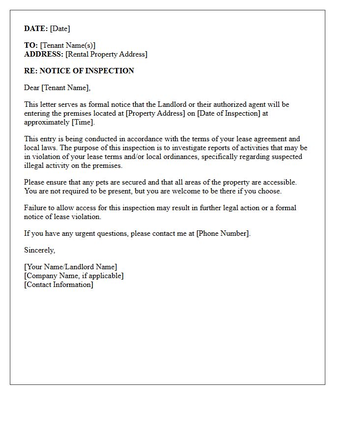 Property Inspection Notice Letter Due to Suspected Illegal Activity
