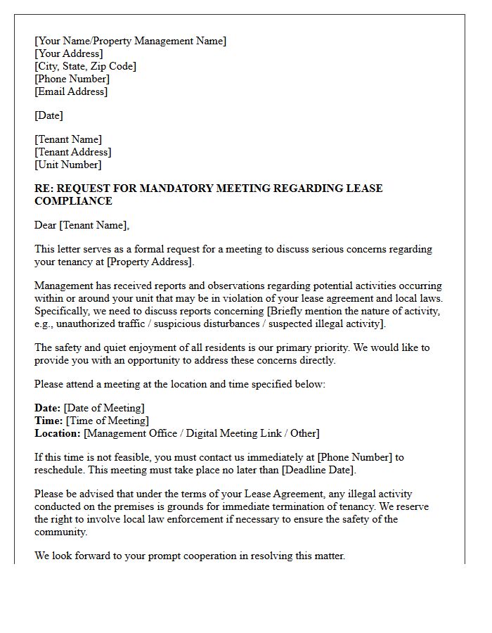 Tenant Meeting Request Letter Regarding Suspected Illegal Activity