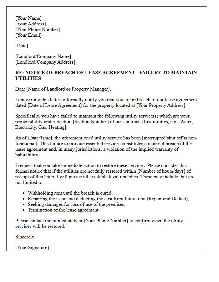 Breach Of Contract Failure To Maintain Utility Services Letter