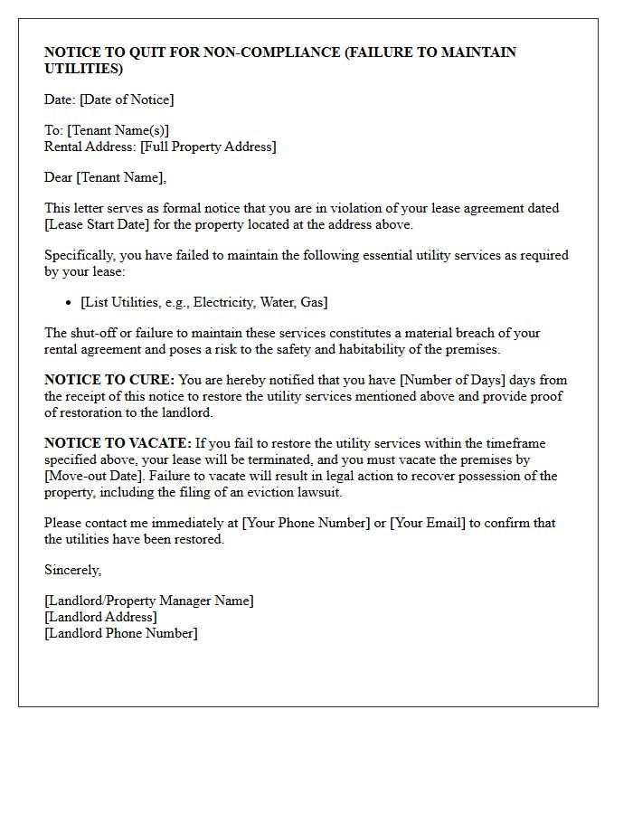 Eviction Notice For Failure To Maintain Utility Services Letter