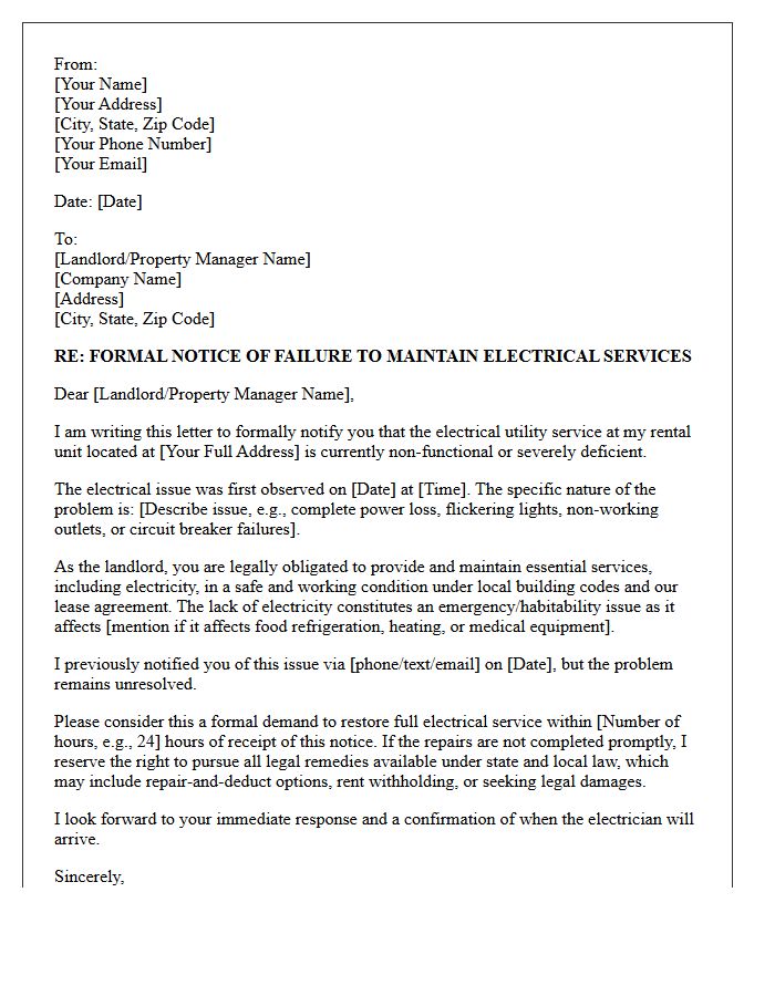 Failure To Maintain Electrical Utility Services Letter
