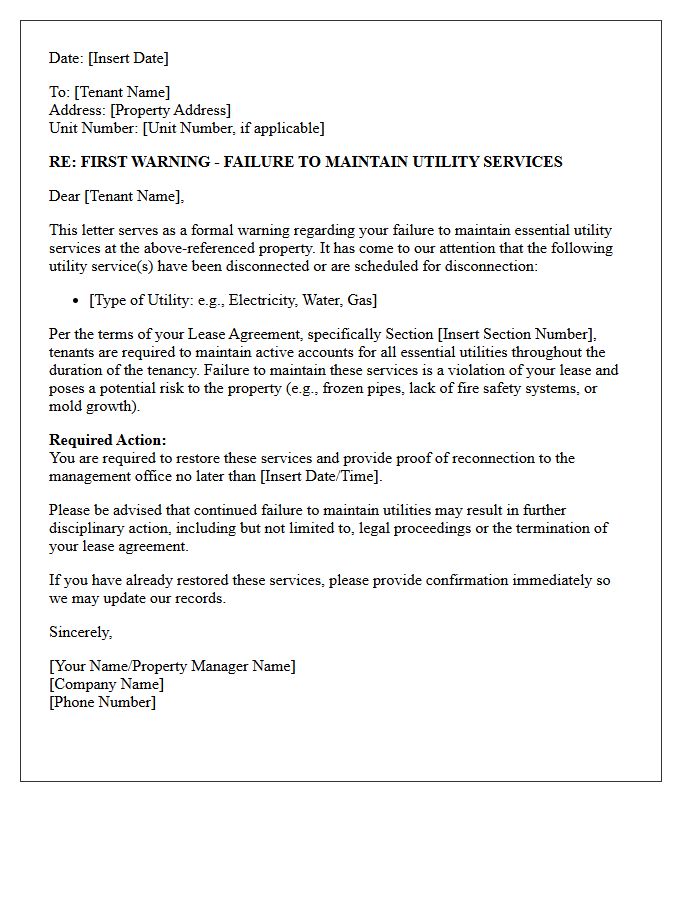 First Warning Failure To Maintain Utility Services Letter