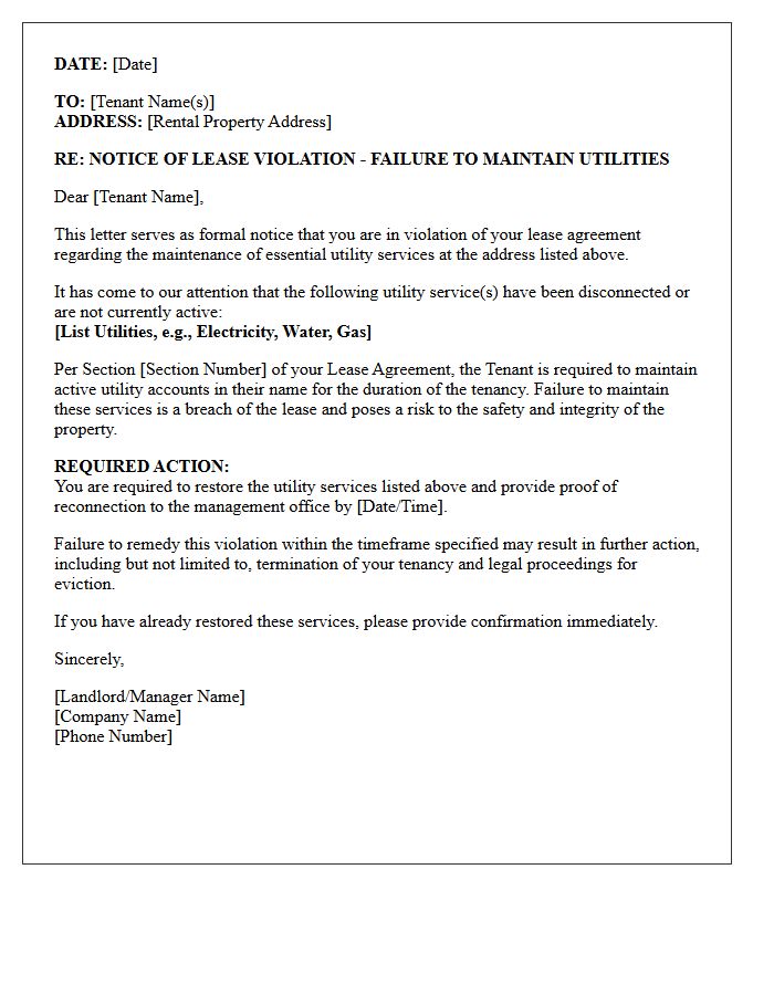Lease Violation For Failure To Maintain Utility Services Letter