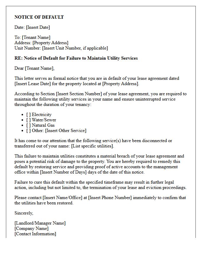 Notice Of Default For Failure To Maintain Utility Services Letter