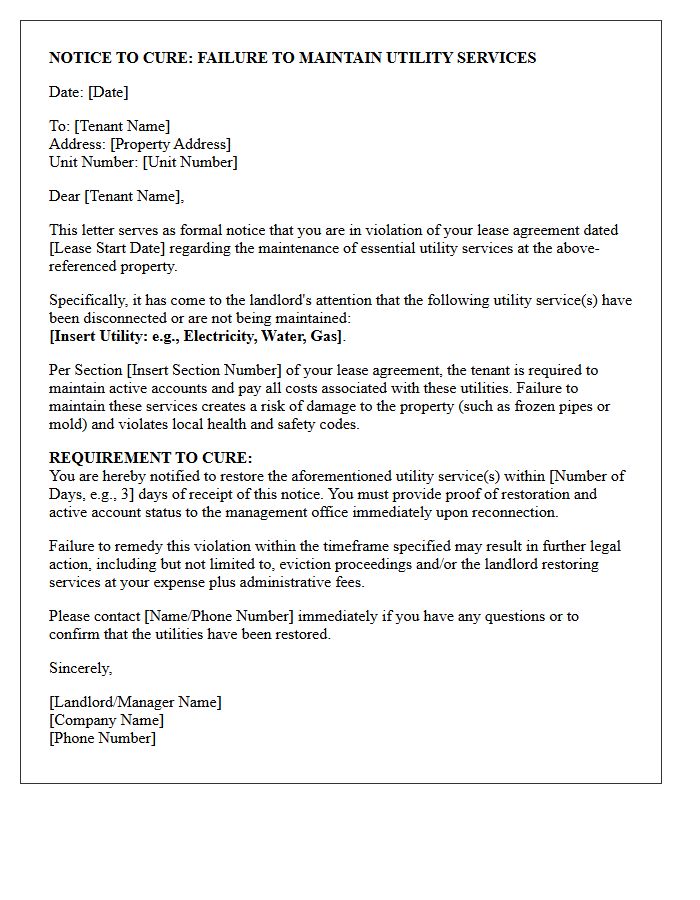 Notice To Cure Failure To Maintain Utility Services Letter