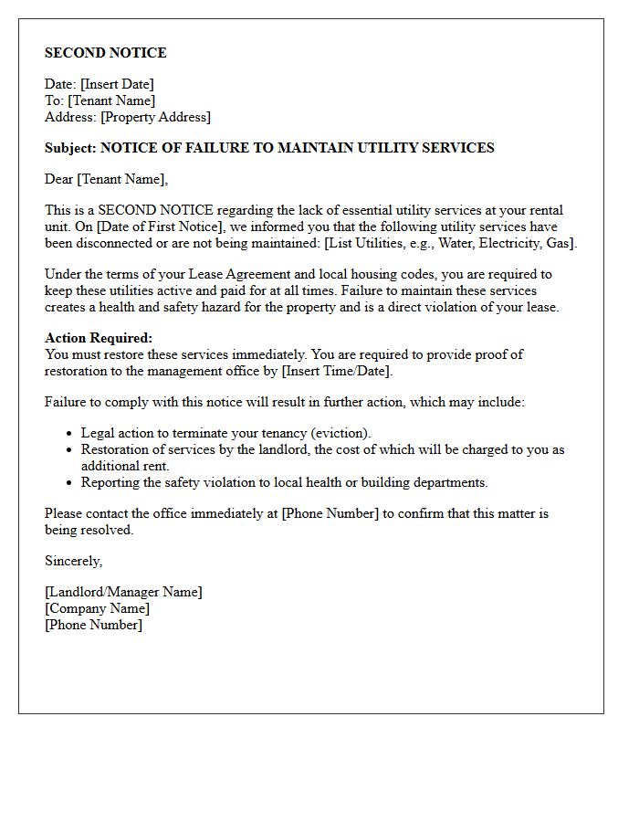 Second Notice Failure To Maintain Utility Services Letter