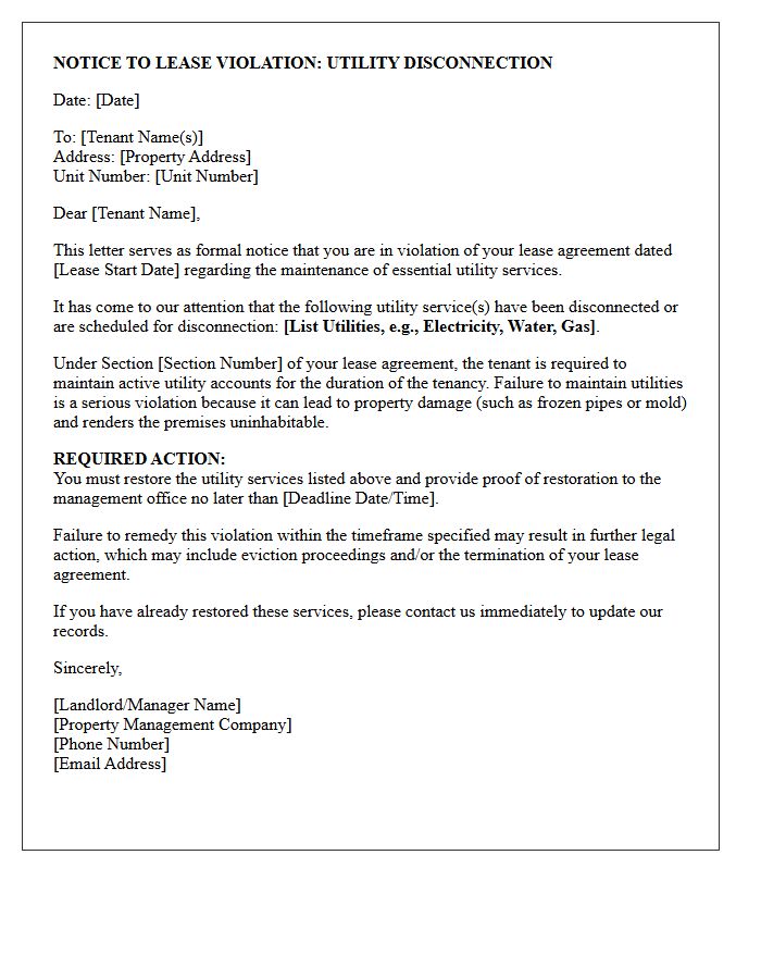 Utility Disconnection Lease Violation Notice Letter