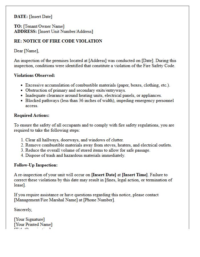 Fire Code Violation Letter Due to Hoarding