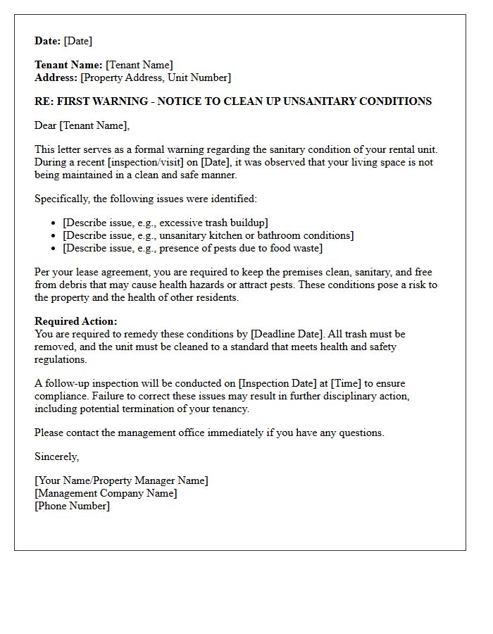 First Warning Letter for Unsanitary Living Conditions