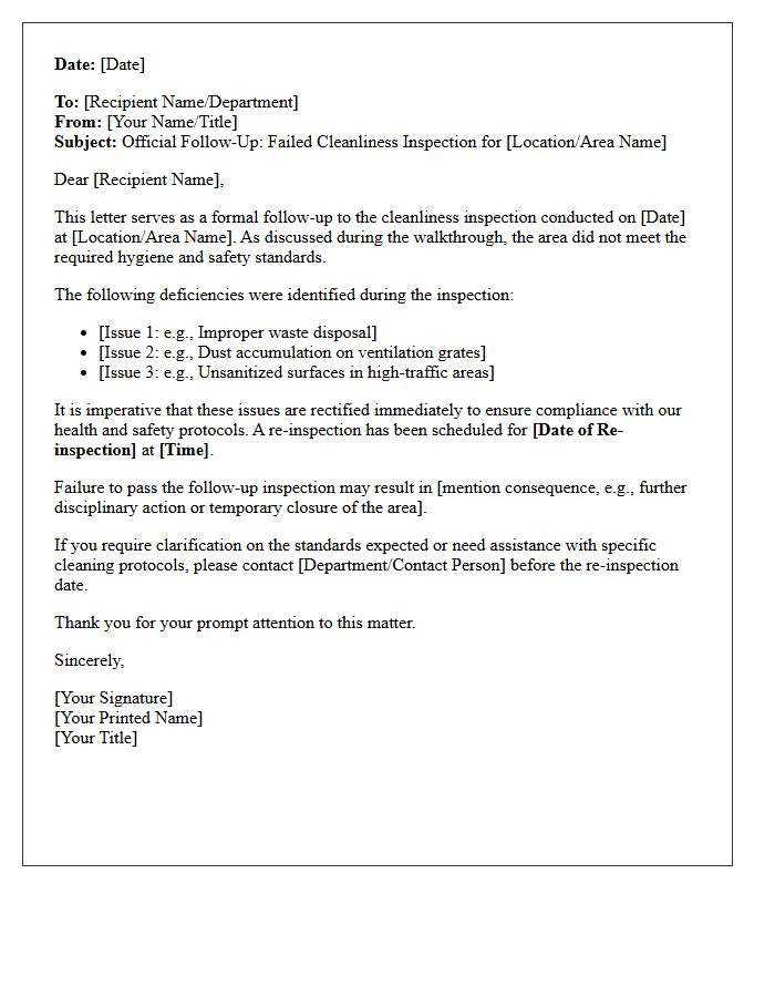 Follow-Up Letter on Failed Cleanliness Inspection