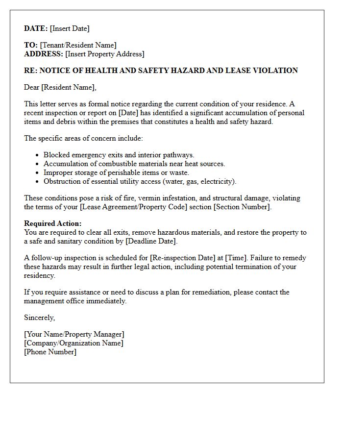 Health and Safety Hazard Letter for Hoarding Activities