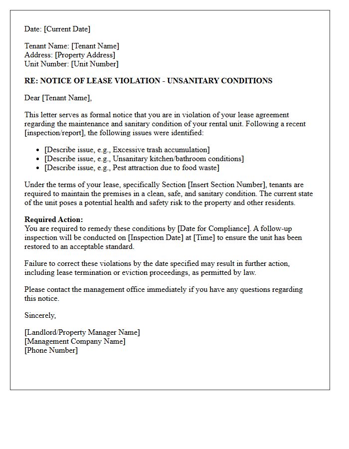 Lease Infraction Letter Concerning Unsanitary Unit Conditions