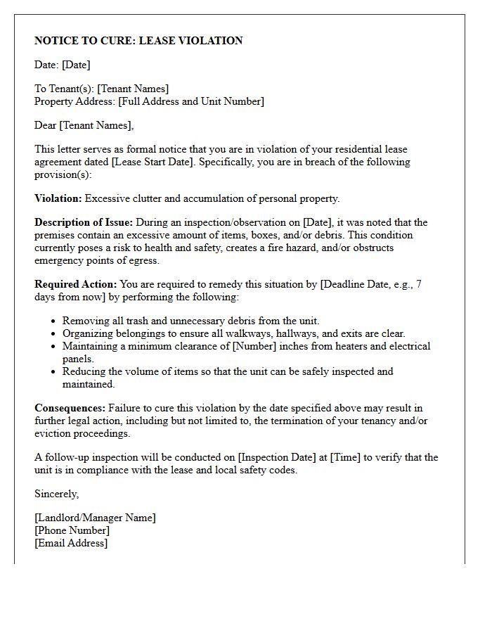Notice to Cure Letter for Excessive Clutter
