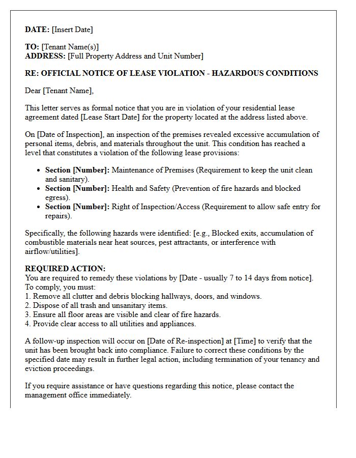 Official Notice Letter Regarding Hoarding Lease Violation