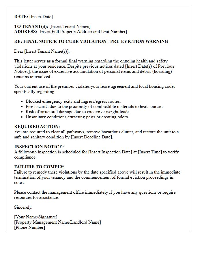 Pre-Eviction Letter for Unresolved Hoarding Violations