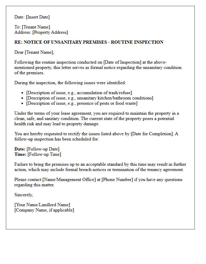 Routine Inspection Letter Citing Unsanitary Premises