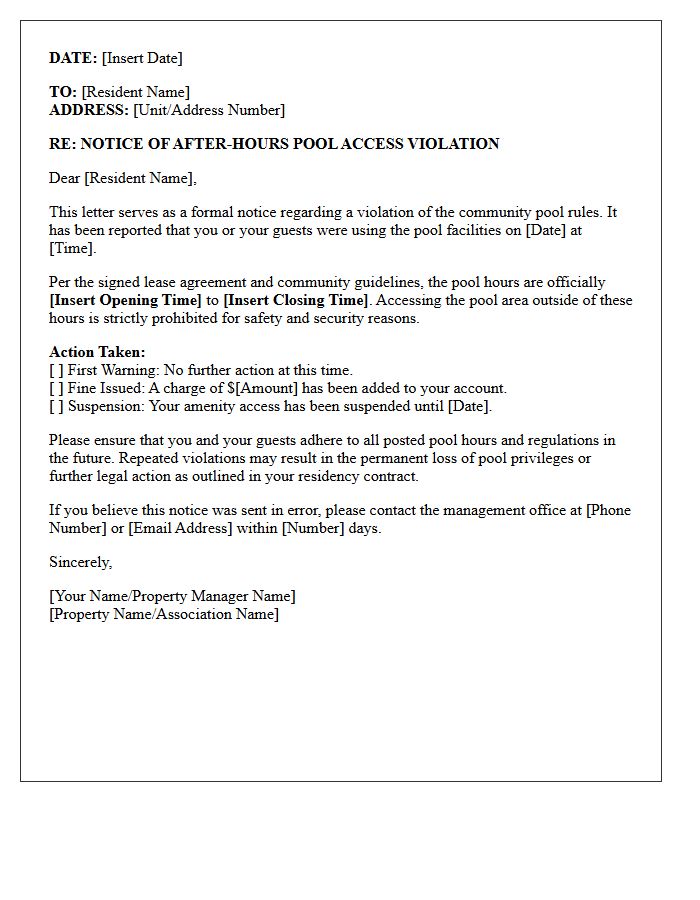 After Hours Pool Access Violation Letter