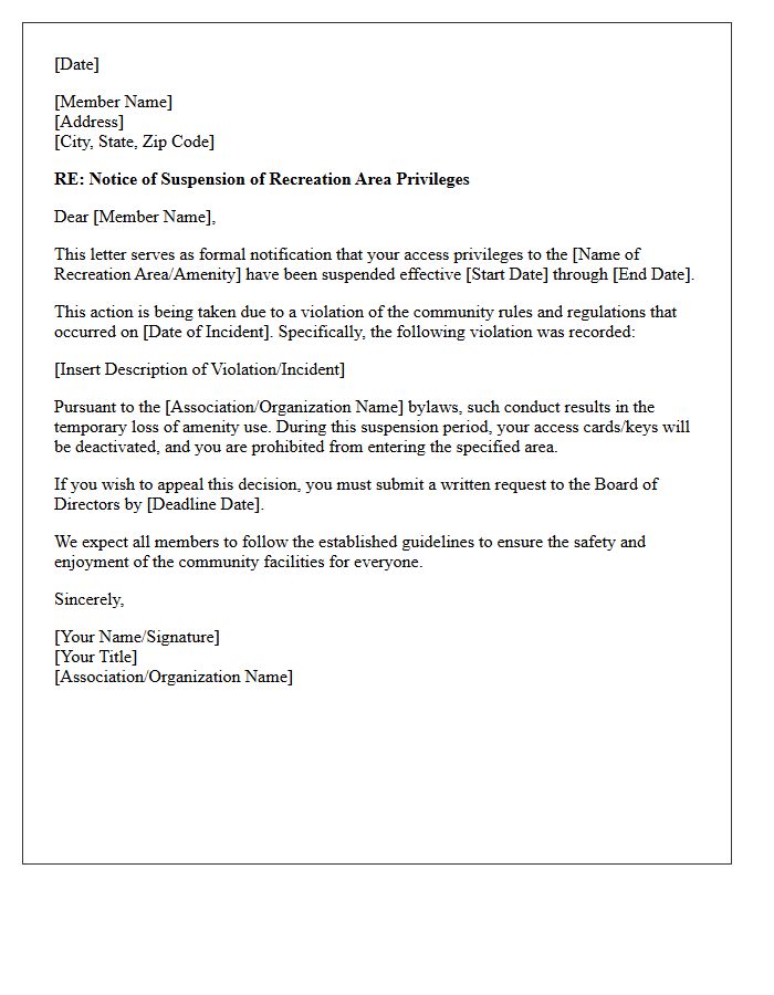 Amenity Privilege Suspension Letter for Recreation Area Violation