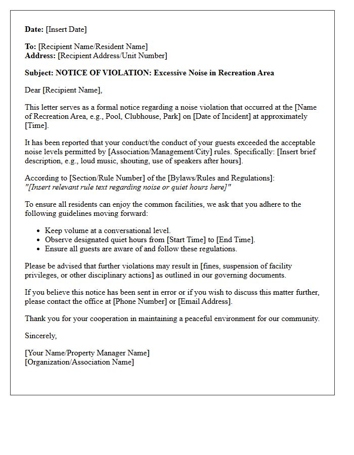 Excessive Noise Recreation Area Violation Letter