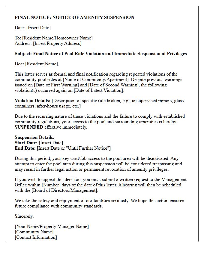 Final Notice Letter for Pool Rule Violation and Amenity Suspension