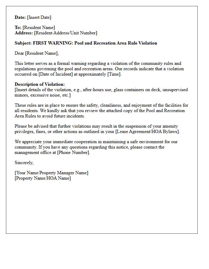 First Warning Letter for Pool and Recreation Area Rule Violation