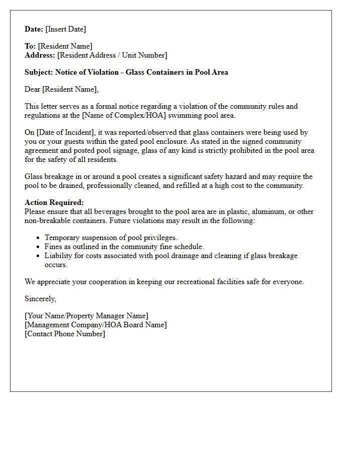 Glass Container Pool Area Violation Letter
