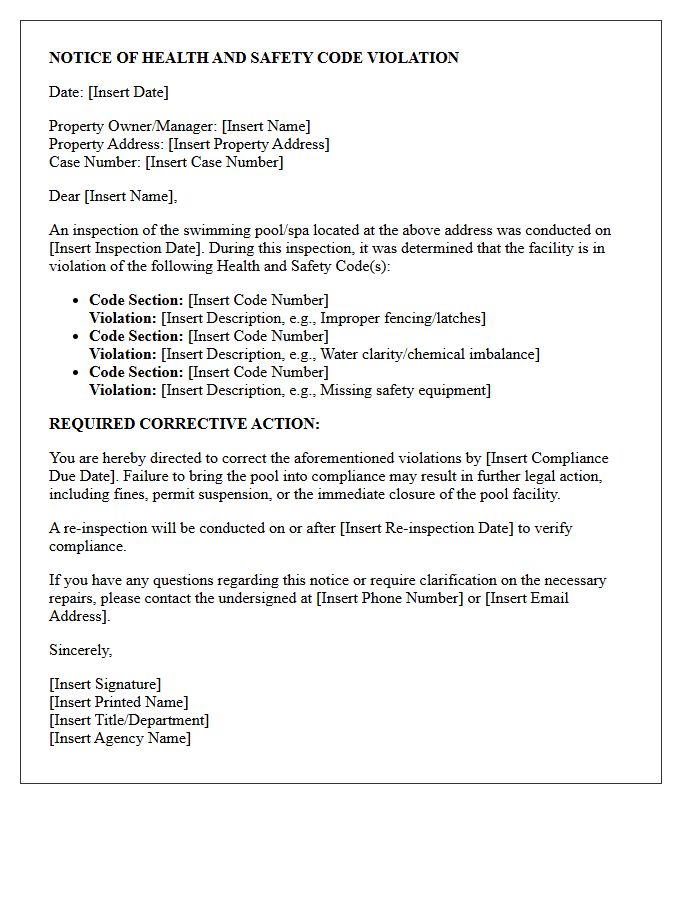 Health and Safety Code Pool Violation Letter