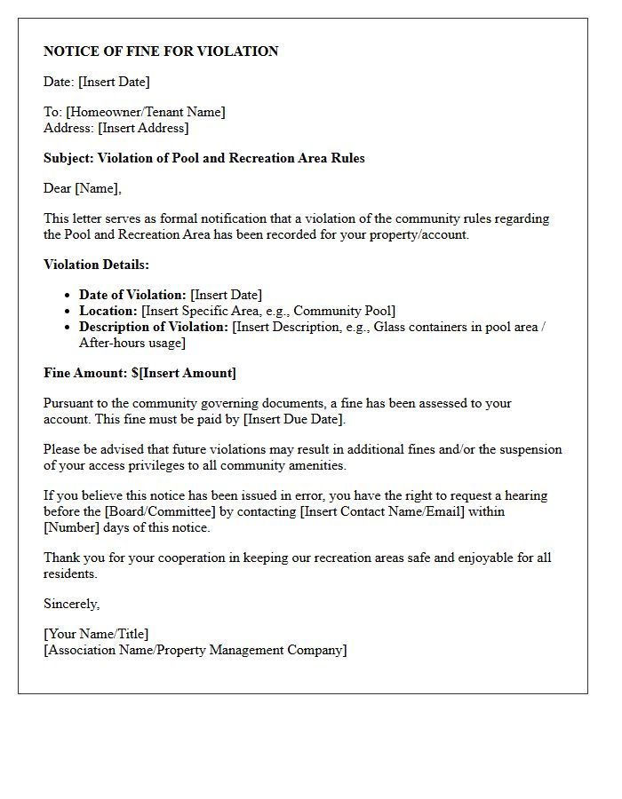 Notice of Fine Letter for Pool and Recreation Area Violation