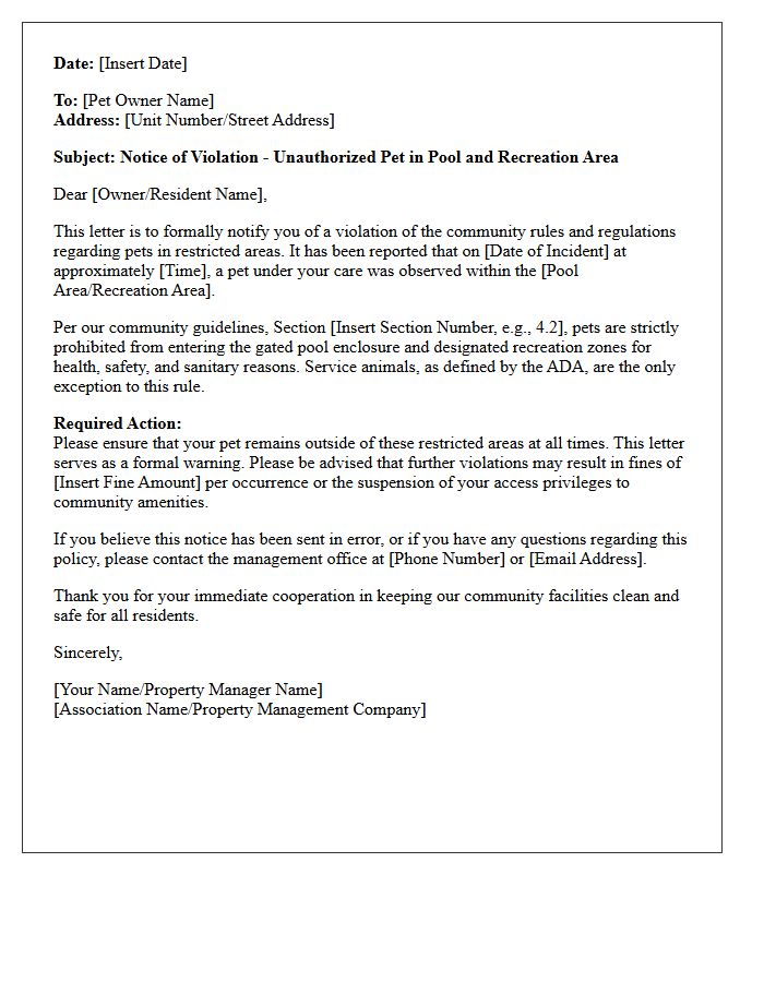Pet in Pool and Recreation Area Violation Letter